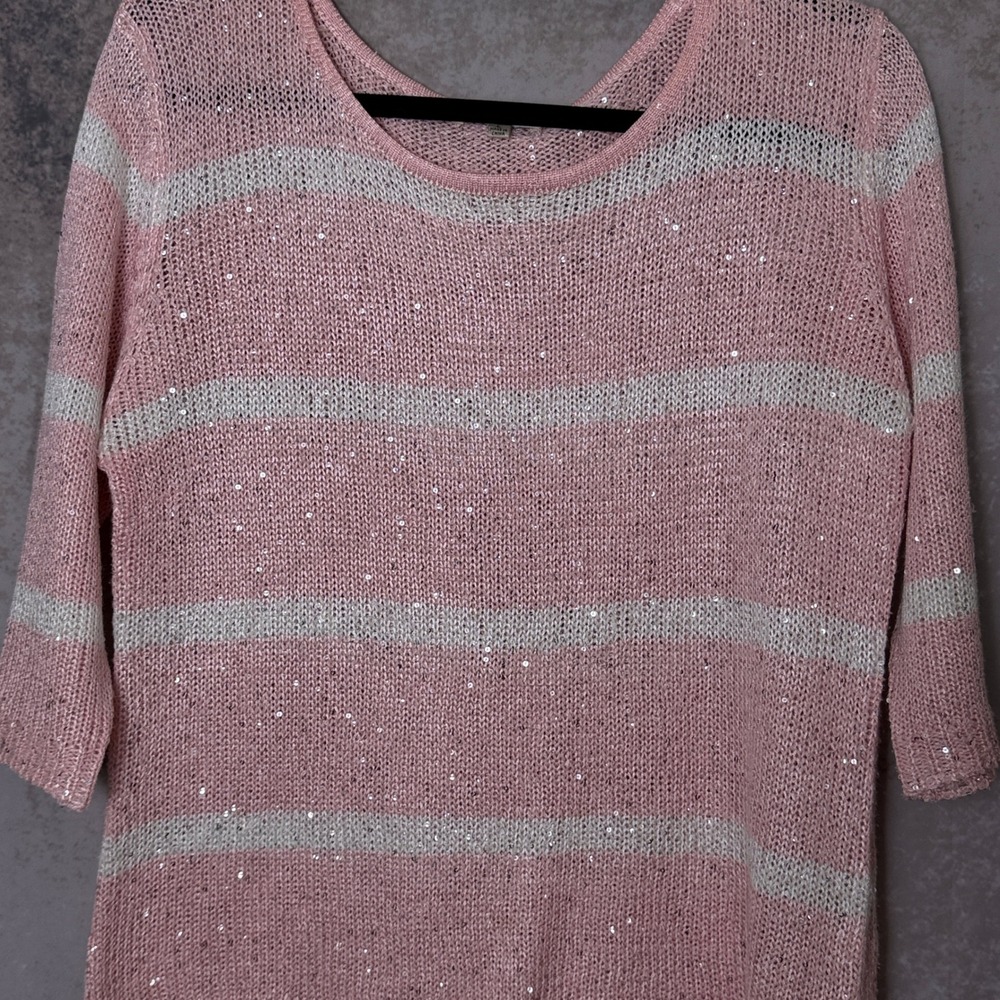 Avalin Women's Large Pink White Striped Sequin Knit Sweater 3/4 Sleeve - Picture 3 of 7